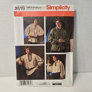 Simplicity 3519 Uncut Sewing Pattern Medieval Renaissance Shirt Sizes XS XL